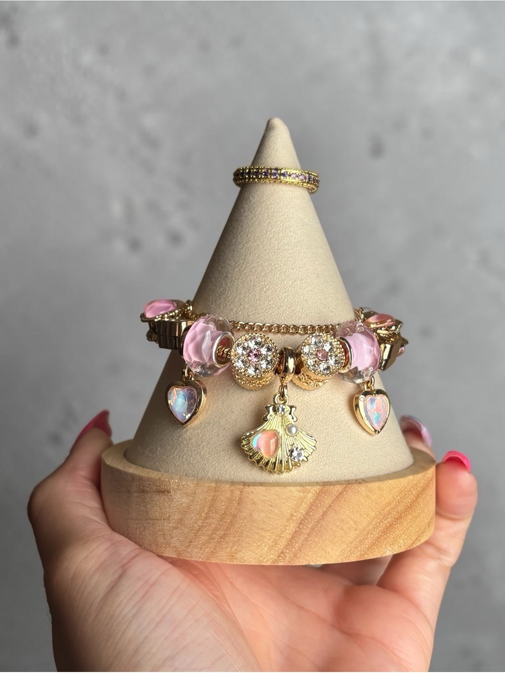 Gold Pink Crystal Shell Charm Bracelet with Ring